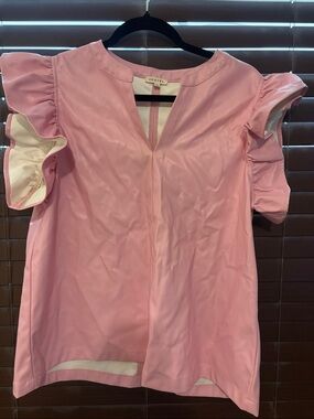 JODIFL Pink Ruffle Sleeve V-Notch Top